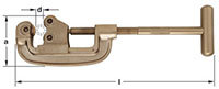 Horizontal image of a pipe cutter with a long upward facing “C” shaped design, lying on its back with the tube cutting space toward the left end. The cutter has a long threaded T-handle to the right for turning and cutting pipes.